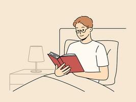 Man reads book before bedtime, sitting in bed at night and enjoying plot of fantasy novel. Smart young guy student preparing for exam in bed studying textbook with educational information vector