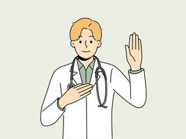 Doctor pronounces hippocratic oath and puts hand on heart, promising to follow medical rules. Doctor in white coat with stethoscope around neck takes oath and dreams of becoming good healer vector