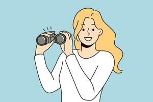 Woman with binoculars smiles and looks into camera, showing curiosity and eagerness to learn new facts. Binoculars as metaphor for long-term planning or development of strategic thinking vector