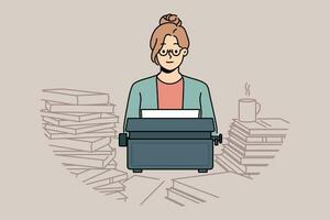 Woman with old typewriter sits at table with books, works as poet in literary magazine and comes up with new novel. Smart girl journalist or copywriter uses vintage typewriter instead of computer vector