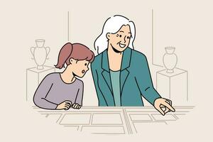 Little girl visits museum with grandmother and looks at antique exhibits found by archaeologists. Curator of museum conducts tour for child interested in history and ancient artifacts vector