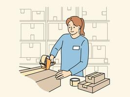 Woman works in warehouse packing parcels and sealing cardboard boxes while performing duties as storekeeper. Girl employee of warehouse or point of issue of orders stands near racks with cardboxes vector