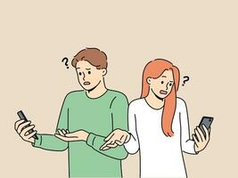 Embarrassed people with phone see error connecting to internet wifi or dead battery of gadget shrug. Man and woman are having problems due to broken mobile phone or reading fake news. vector