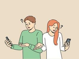 Embarrassed people with phone see error connecting to internet wifi or dead battery of gadget shrug. Man and woman are having problems due to broken mobile phone or reading fake news. vector