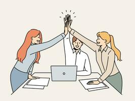 Successful business team rejoicing at completion of project, standing near office desk and giving high five to colleagues. Young successful paperwork clerks celebrating good performance vector