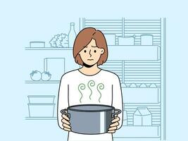Frustrated woman housewife with pot of sour soup, feels bad smell from food spoiled due to violation of sanitary rules. Girl is standing in kitchen and holding stinking soup in bewilderment vector