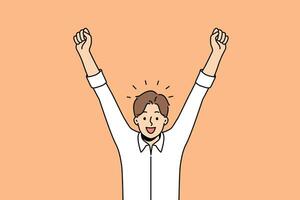 Delighted man celebrates victory by raising hands up and rejoicing in career achievements or end working day. Business man shouts with smile and is delighted with amazing news promising income growth vector