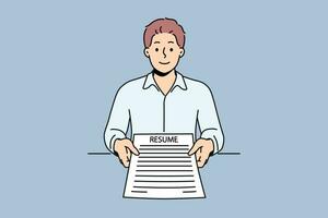 Man applicant with resume in hands came to interview in company to get desired job with high salary. Ambitious guy with resume recommends familiarizing yourself with skills and personal data vector