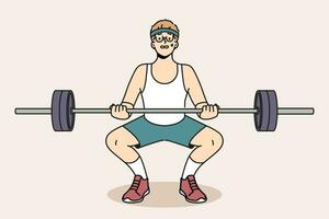 Man with barbell goes in for sports in gym, wanting to have beautiful figure and healthy body. Guy novice bodybuilder squats with barbell in hands and needs help of fitness trainer. vector