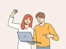 Happy couple with laptop make win gesture after winning in online casino or lottery with cash prize. Man and woman make video call together in laptop and rejoice after learning good news vector