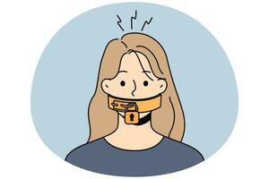 Unhappy young woman with lock on mouth suffer from censorship and communication ban. Stressed female restricted from talking and opinion. Vector illustration.