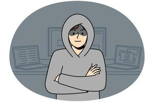 Young man in hood standing near computers hacking internal operations system. Suspicious male hacker near laptops and gadgets. Device security. Vector illustration.