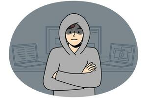 Young man in hood standing near computers hacking internal operations system. Suspicious male hacker near laptops and gadgets. Device security. Vector illustration.