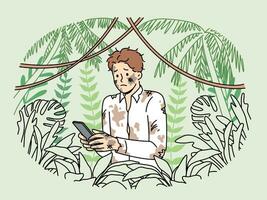 Dirty lost man office employee holding mobile phone and standing in jungle trying to send sos signal. Lost businessman suffers due to lack of GPS network in forest and feels helpless in wild vector