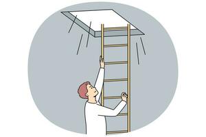 Man climbing up ladder to light. Smiling motivated male go up open new opportunities or perspectives. Bright future ahead. Vector illustration.