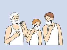 Men different generations shave together, demonstrating continuity of father and son with grandson. Boy and dad with grandfather shaving in bathroom using foam to avoid skin irritation vector