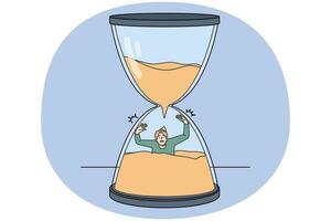 Stressed man sinking in sandglass losing time. Male in despair in hourglass miss deadline. Time organization and schedule. Vector illustration.