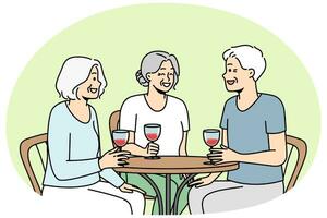 Smiling elderly people sit at table in restaurant drink wine laughing relaxing together. Joyful mature friends enjoy time in cafe. Happy maturity. Vector illustration.