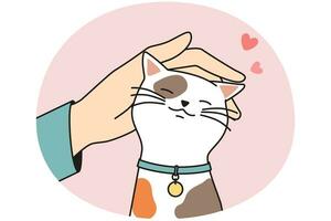 persona mano caricia lindo gato esponjoso. el hombre o la mujer abrazan el gatito feliz que muestra amor y cuidado a los animales domésticos. ilustración vectorial vector