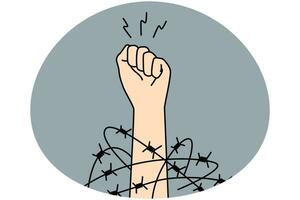 Close-up of hand in fist in wires thrive for independence and freedom. Raised hand with clenched fist fight for human rights. Vector illustration.