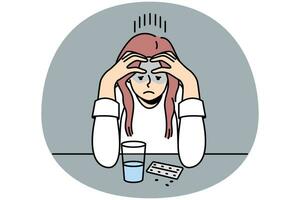 Frustrated young woman sit at desk thinking of taking pills. Unhappy confused female doubt about medication getting. Medicine and healthcare problem. Vector illustration.