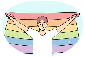 Smiling young man with LGBTq flag show support on pride parade. Happy guy express freedom of love. Homosexuality concept. Vector illustration.