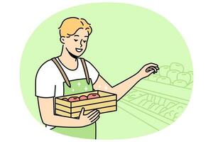 Man in uniform working in supermarket. Male employee busy in fruit shop or store. Occupation. Vector illustration.