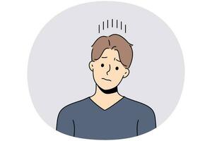 Unhappy young man suffer from repetitive thoughts in head. Upset distressed guy struggle with depression or bad mood. Vector illustration.