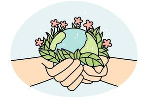 Person hands holding planet earth with blooming flowers. Activist or volunteer take care of environment. Nature protection concept. Vector illustration.