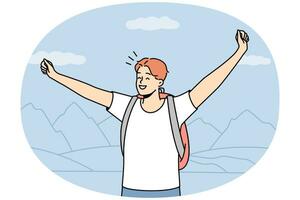 Happy young man with backpack stand on mountain peak with arms raised. Smiling guy feel excited with travel or nature tourism. Vector illustration.