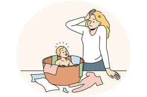 Stressed young woman feel tired with motherhood and small kid. Unhappy frustrated mother exhausted with toddler and parenthood. Vector illustration.