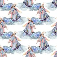 Watercolor angels seamless pattern. Christian pattern with clouds and flying angels. photo