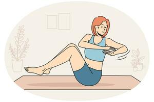 mujer joven sudando haciendo ejercicios de entrenamiento en la alfombra en casa. una chica deportiva motivada hace ejercicio deportivo en interiores. actividad física. ilustración vectorial vector