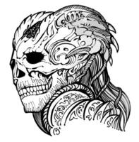 Skull with horns, in realistic style, with clear details, black and white vector drawing. For t-shirts, skull of an alien creature