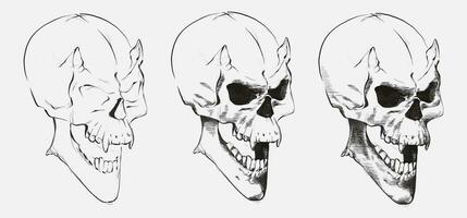 Skull with horns, in realistic style, with clear details, black and white vector drawing. For t-shirts, skull of an alien creature