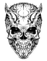 Skull with horns, in realistic style, with clear details, black and white vector drawing. For t-shirts, skull of an alien creature
