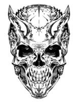 Skull with horns, in realistic style, with clear details, black and white vector drawing. For t-shirts, skull of an alien creature