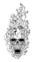 Skull with horns, in realistic style, with clear details, black and white vector drawing. For t-shirts, skull of an alien creature