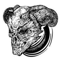 Skull with horns, in realistic style, with clear details, black and white vector drawing. For t-shirts, skull of an alien creature