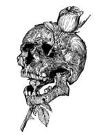 Skull with horns, in realistic style, with clear details, black and white vector drawing. For t-shirts, skull of an alien creature