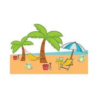 umrbella, palm tree with chair in beach illustration vector