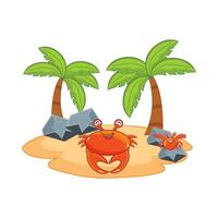 cangrejo personaje, palma árbol con Roca en playa ilustración vector