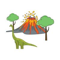 volcán con dinosaurio en montaña ilustración vector