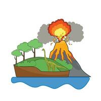 volcano, dinosaur in mountain with sea illustration vector