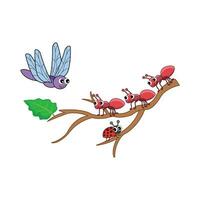 dragonfly, ladybug with ant in tree trank illustration vector