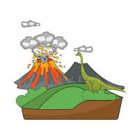 volcán con dinosaurio en montaña ilustración vector