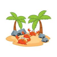 crab character, palm tree with stone in beach illustration vector