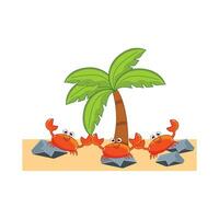 crab character, palm tree with stone in beach illustration vector