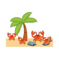 crab character, palm tree with stone in beach illustration vector