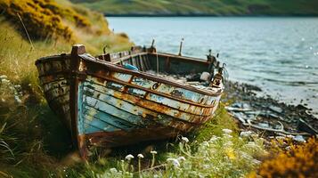 AI generated A serene scene featuring a solitary boat on the still waters of a tranquil lake photo